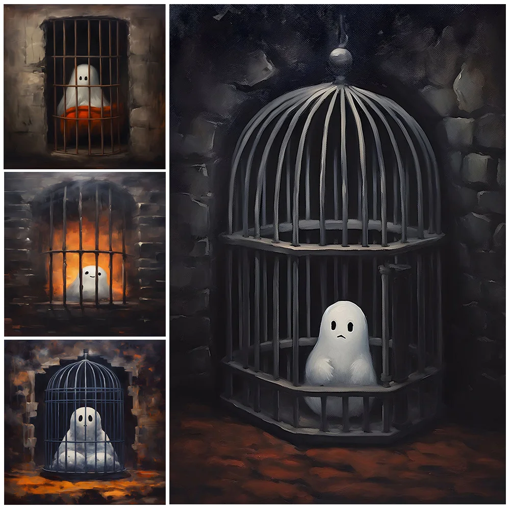

Imprisoned Sheeted Ghost Abstract Wall Art Canvas Painting Ghost In Jail,Cute Spooky Gothic Art Poster Print Home Decor Unframed