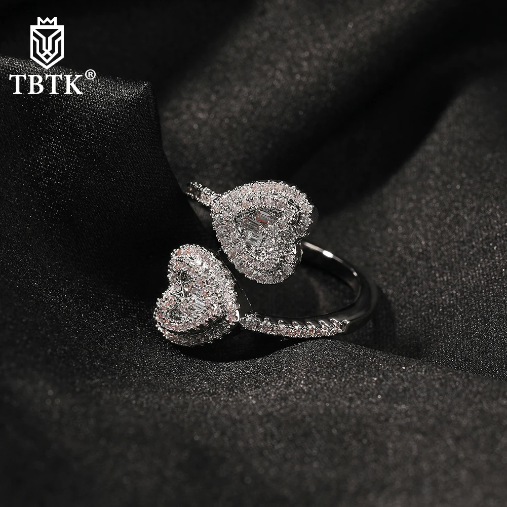 

TBTK Baguette Heart Rings Iced Out Bling Square Cubic Zirconia Rings Charm Luxury Jewelry Engagement Gift For Women And Girl