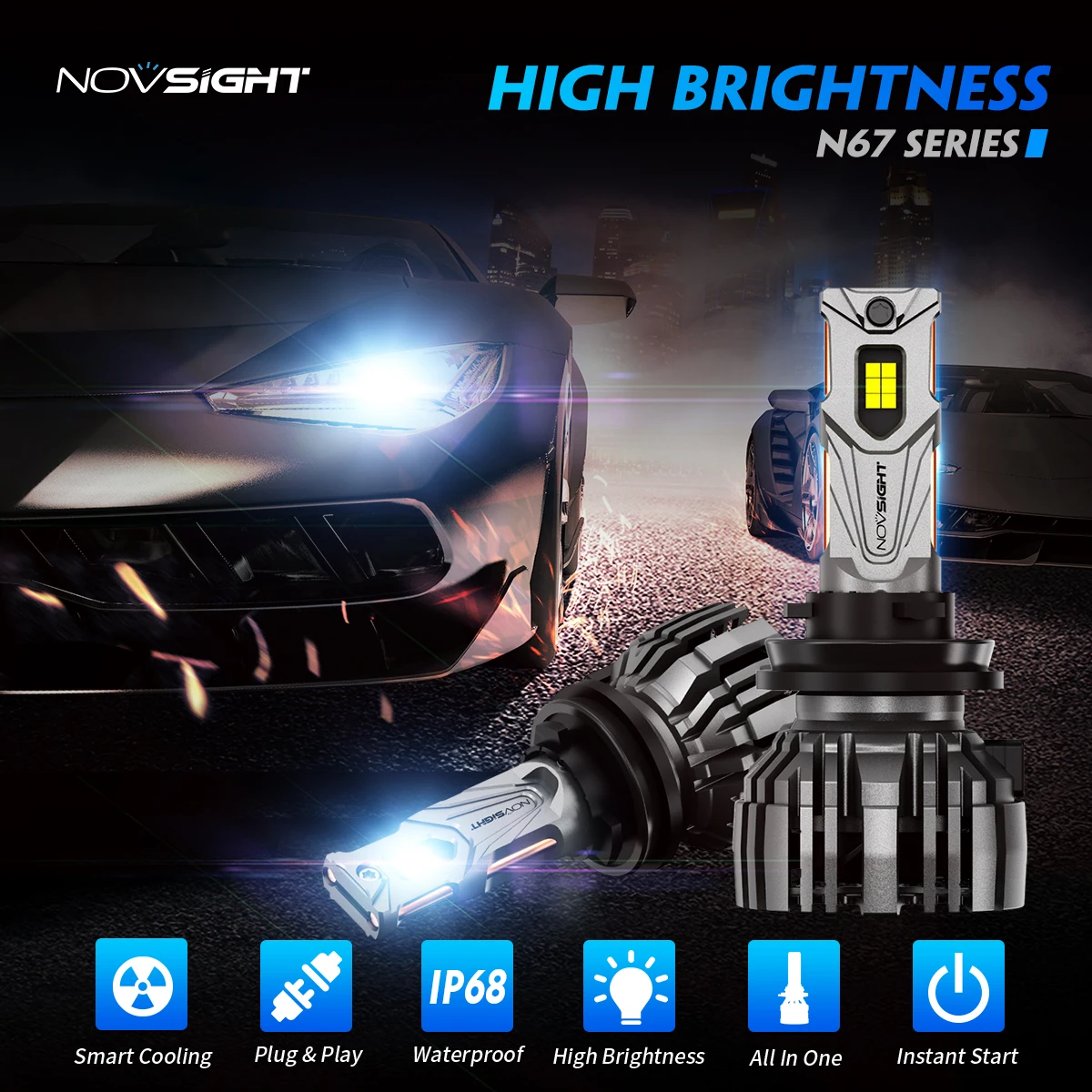 Фото Светодиодные лампы Novsight N67 9005 HB3 H7 H11 H4 9003 HB2 9006 HB4 для фар, 140 Вт, 6500K, сверхъяркие, для ближнего/дальнего света автомобиля №2
