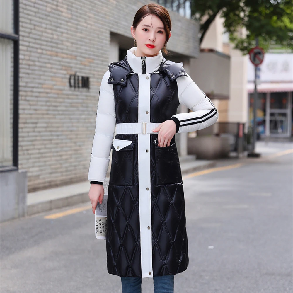 New Women Winter Down Coat Fashion Hooded Color Blocking Strecth Belt Long Thicken Slim White Duck Down Jacket Female Outerwear