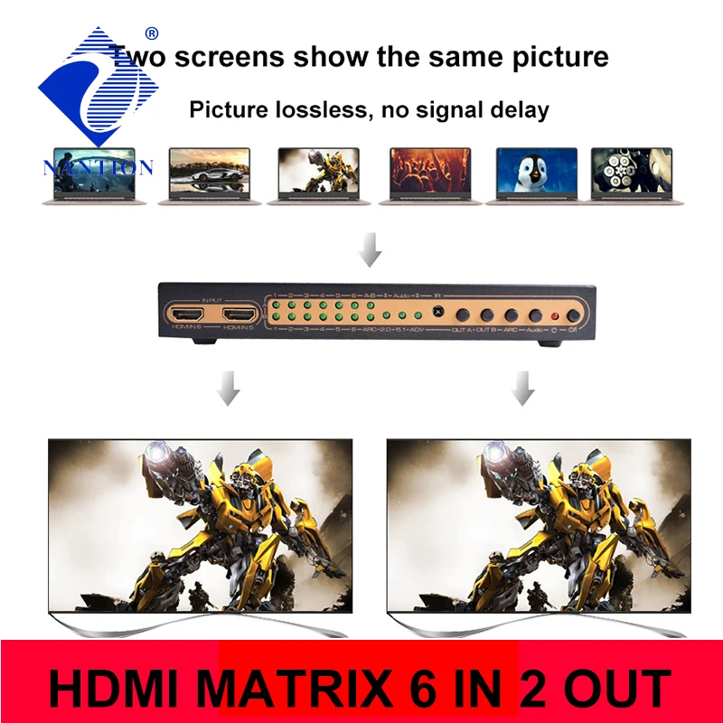 6x2 HDMI матрица PIP 6X2 аудио экстрактор ARC 4K/30 Гц Матрица 6 в 2 Выключатель сплиттер с