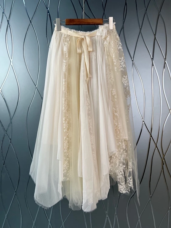 

2022 new women fashion belt lace-up stitching mesh embroidery fairy dress skirt 069