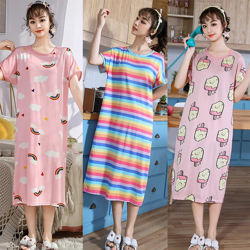 Sleep Dress For Women Summer Female Sleepwear Cute Print Long Nightgown Cartoon Pajama Casual Sleepshirt Elastic Lady Clothing