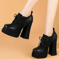 lace up punk goth creepers women genuine leather slingbacks high heel pumps female square toe platform ankle boots casual shoes