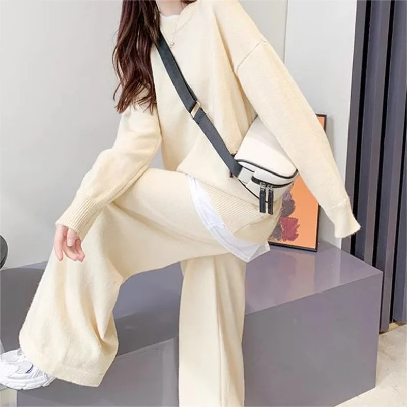 

Temperament Autumn and Winter Fashion Age Net Celebrity Fake Two-piece Sweater Set Women's Casual Knitted Wide-leg Pants