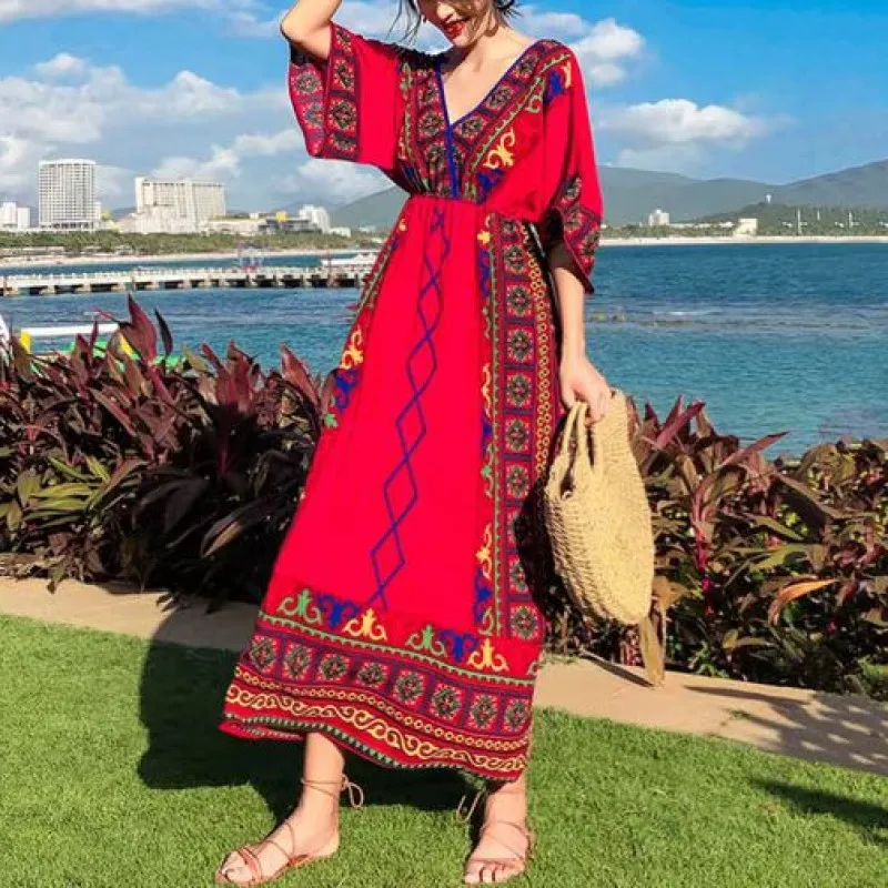 

Summer Women's Long Dress Xline V Neck Empire Waist Inclined Shoulder Printing Pattern Ethnic Indie Folk Bohemian Holiday Beach