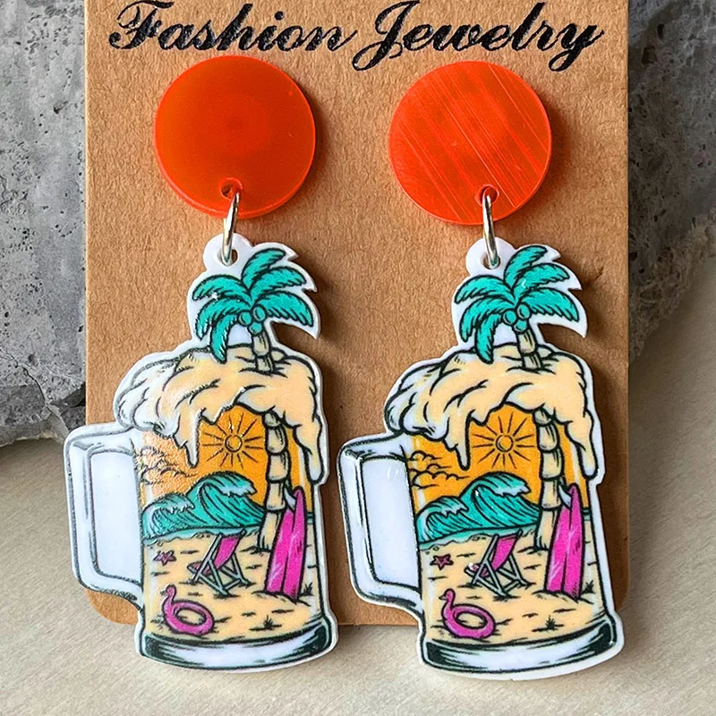 New Beach Vacation Scenery Sunglasses, Beer Beverage, Creative Personality Earrings, Women's Fashion Charm Jewelry Gift
