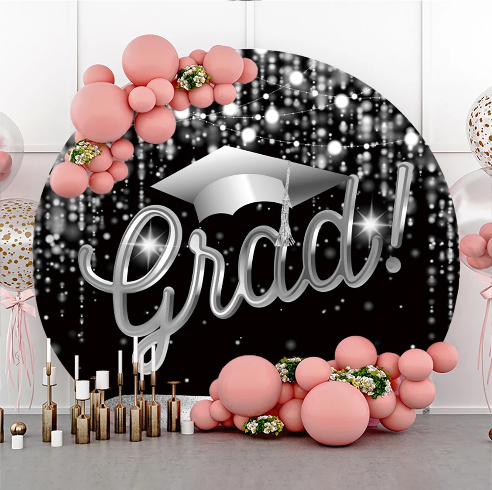 

Silver Glitter Light Bokeh Grad Photo Background Bachelor Cap Classmates School Congratulation Party Backdrop Round Banner