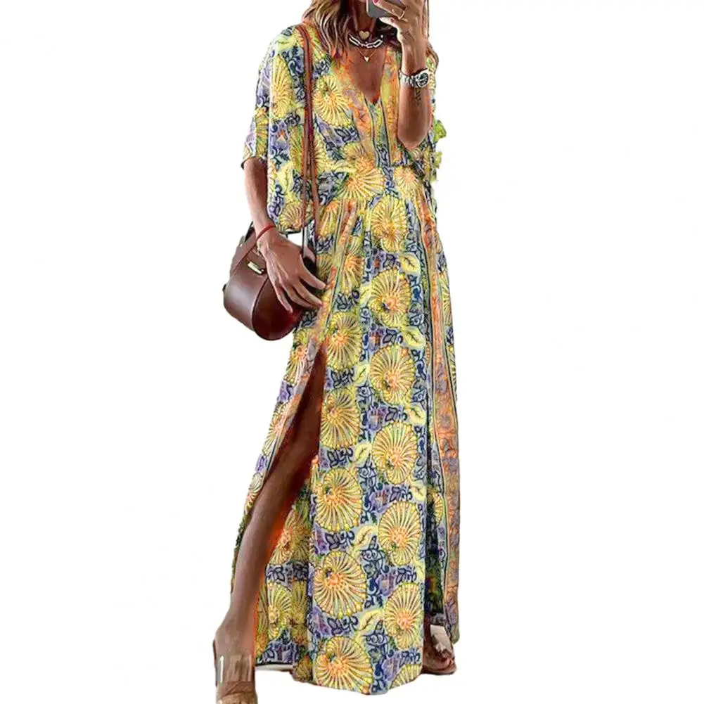 

Dress Retro Print Lady Maxi Dress Vintage Print Maxi Dress Elegant Half Sleeves V Neck Colorfast Fabric dresses For Women