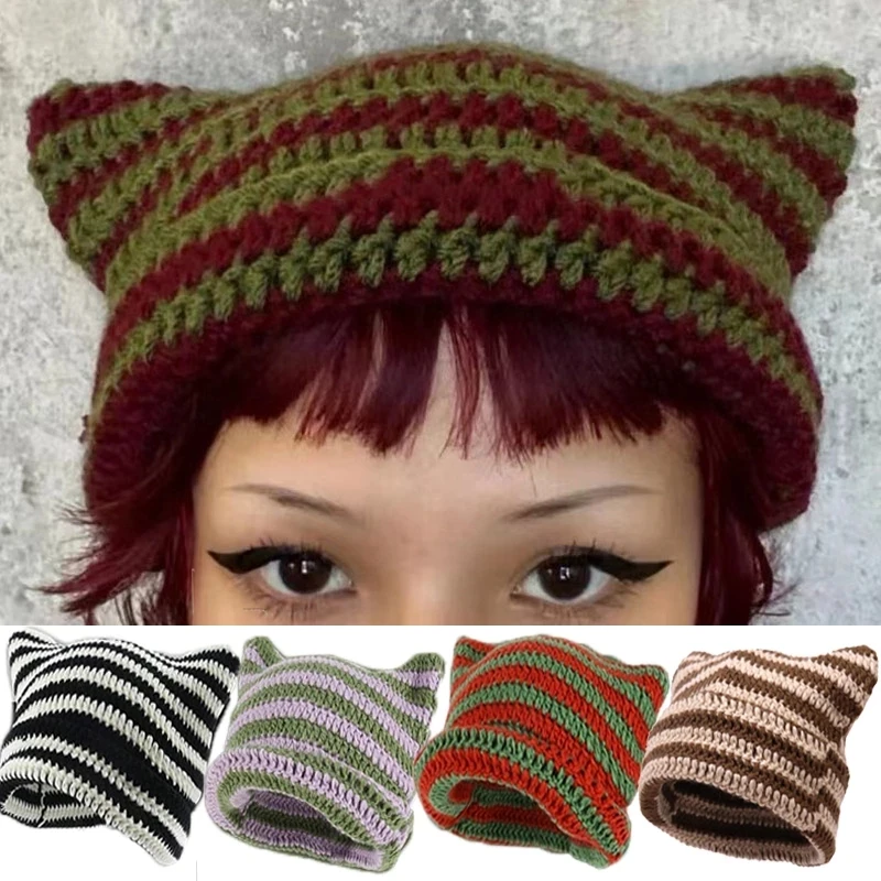 

Японская Шапка-бини Y2K для женщин, вязаная шерстяная шапка в полоску с маленьким дьяволом, осенне-зимняя Милая шапочка с котом, теплее, Повседневная шапка
