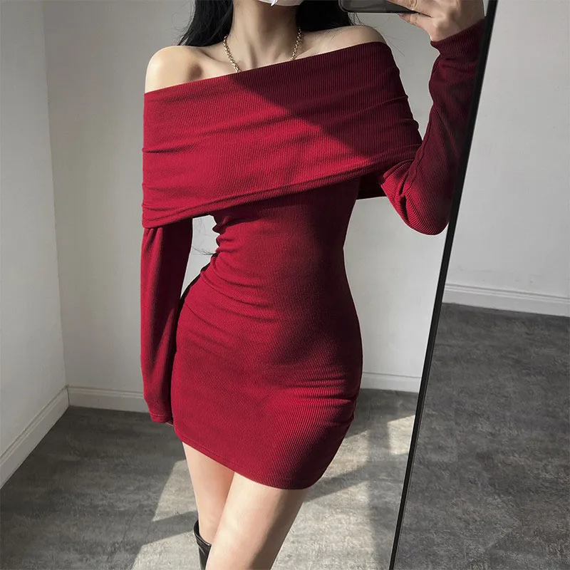 Off Shoulder Women Sweater Bodycon Dress Sexy French Long Sleeve Y2k Vintage Winter Clothes Slim Vestido