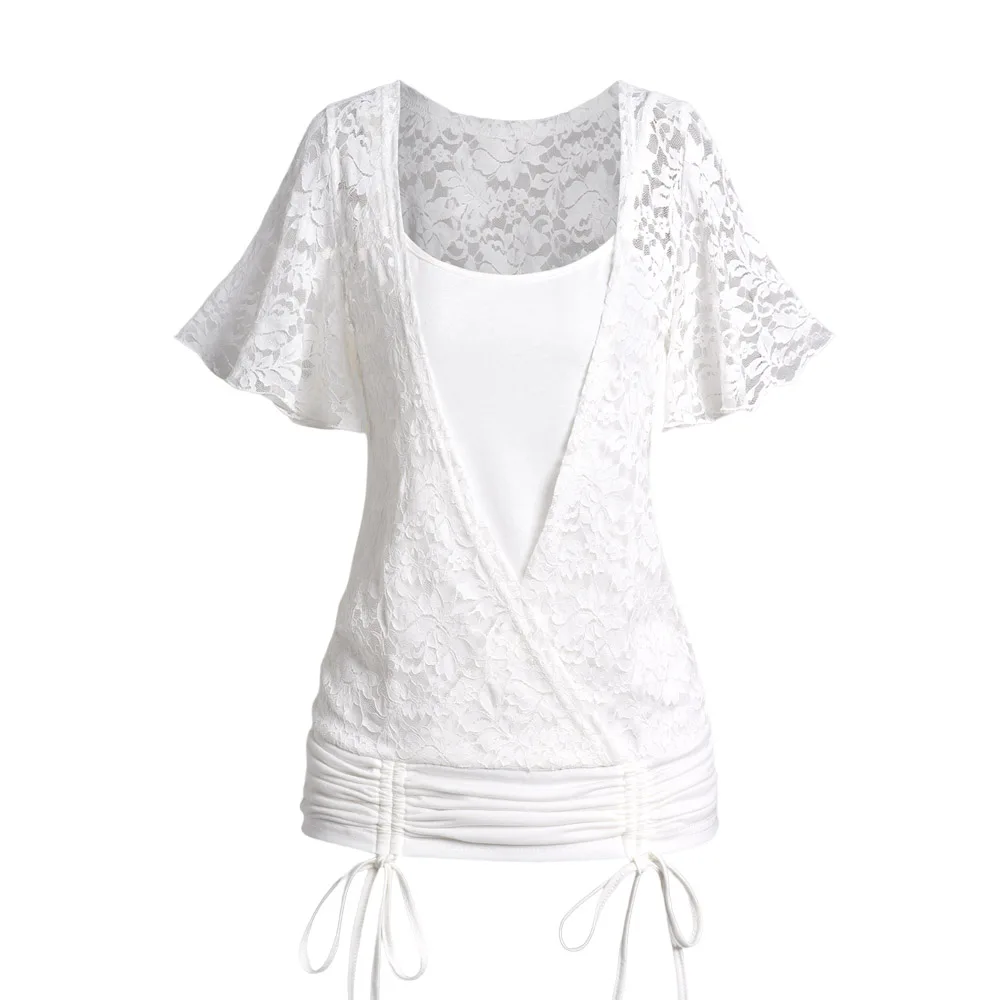 

White Lace Cinched Overlay Short Sleeve Women Top Plain Color Flutter Sleeve Casual Faux Twinset Top