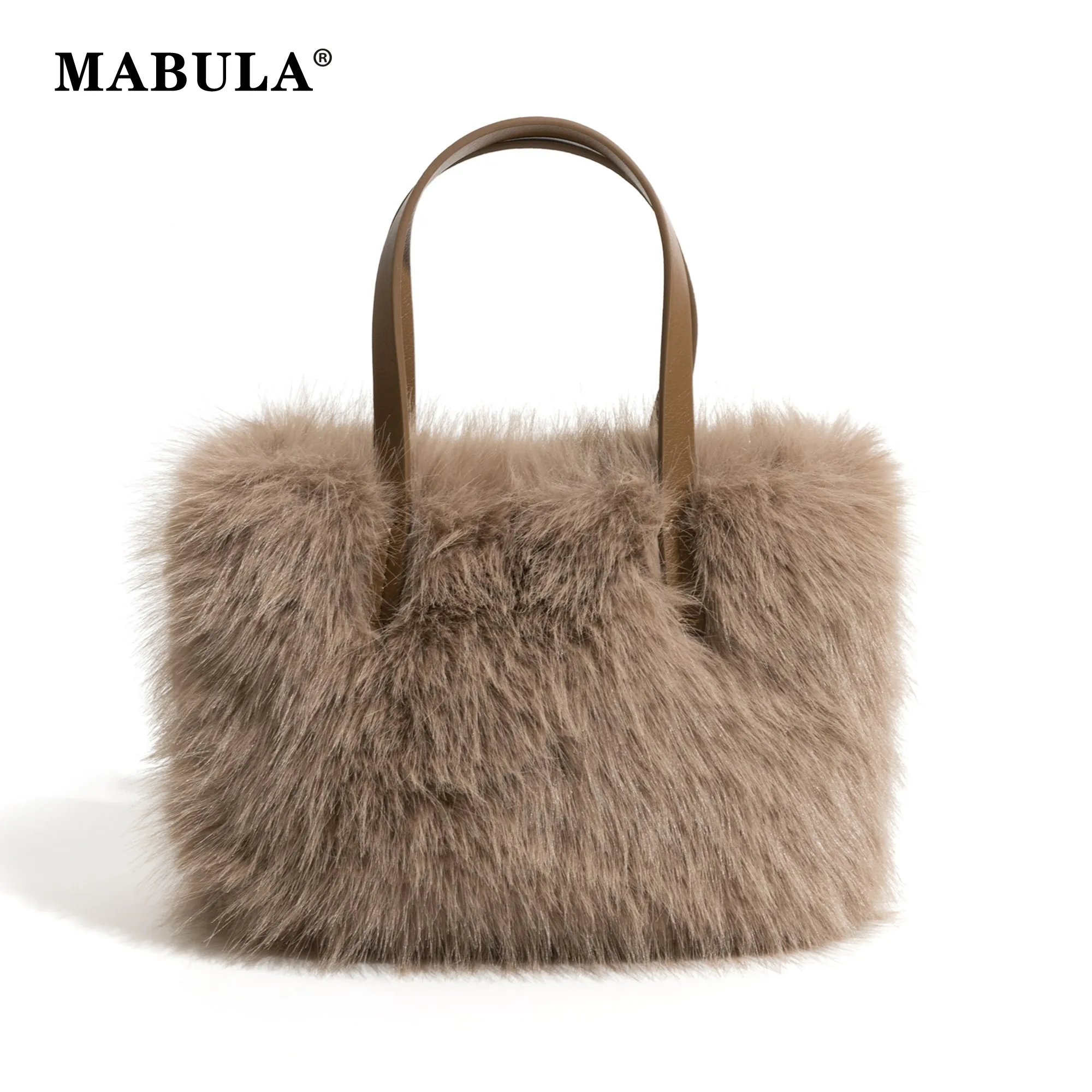 

MABULA Fuzzy Plush Woman Tote Handbag Faux Fur Winter Cute Square Female Shoulder Purse Elegant Fashion Luxury Design Clutch Bag