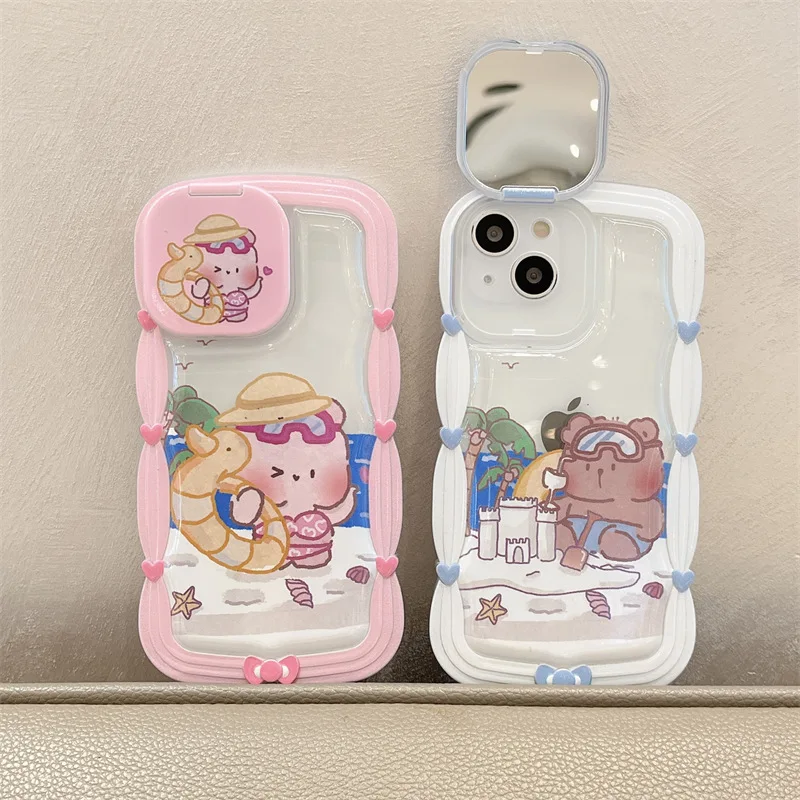 

Mirror Bracket Cute Beach Bear Rabbit Phone Case Cover for IPhone 11 12 13 Pro X XR XS Max Shockproof Case for IPhone 13 Cases