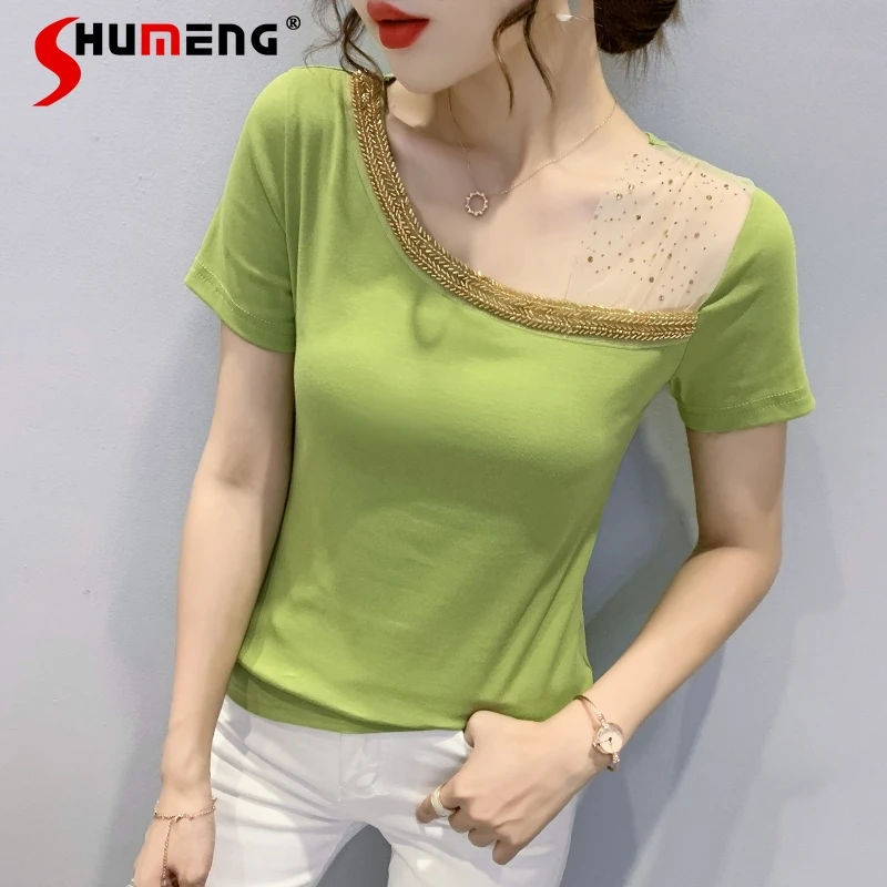 

Sexy Women's Short Sleeve Rhinestone Pullover T-shirts 2022 Summer New Woman's Fashion Solid Color Off-Shoulder Mesh Tee Tops