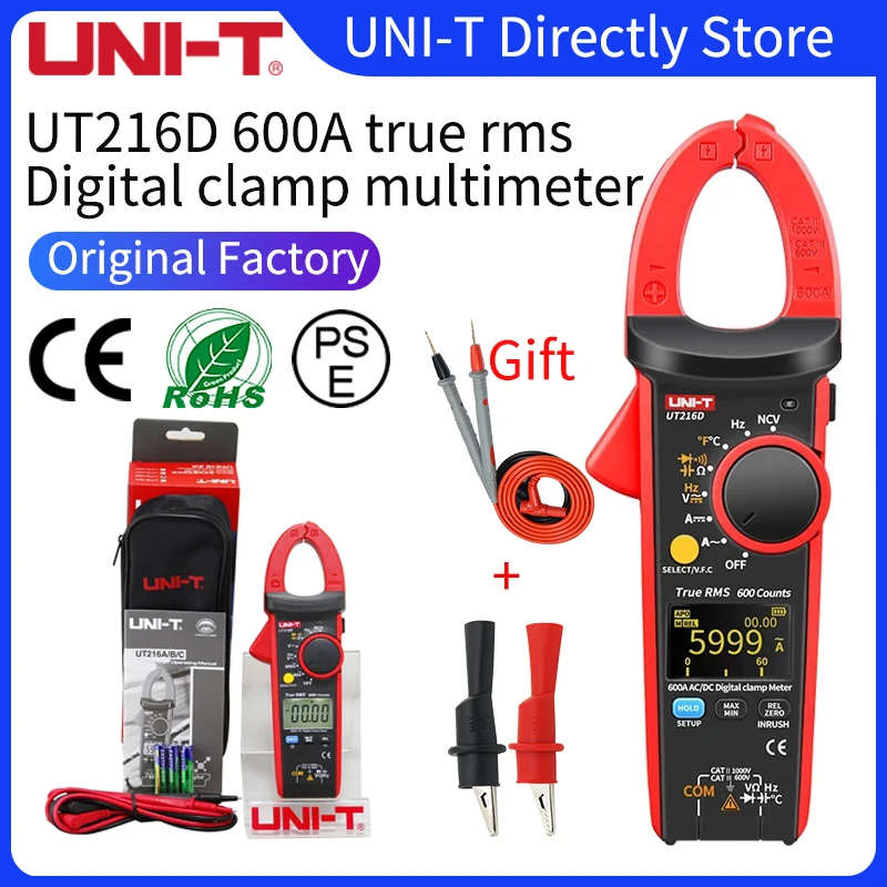UNI-T UT216D 600A Digital Clamp Meter NCV V.F.C Diode LCD Backlight Analog Flashlight UT216A/B/C