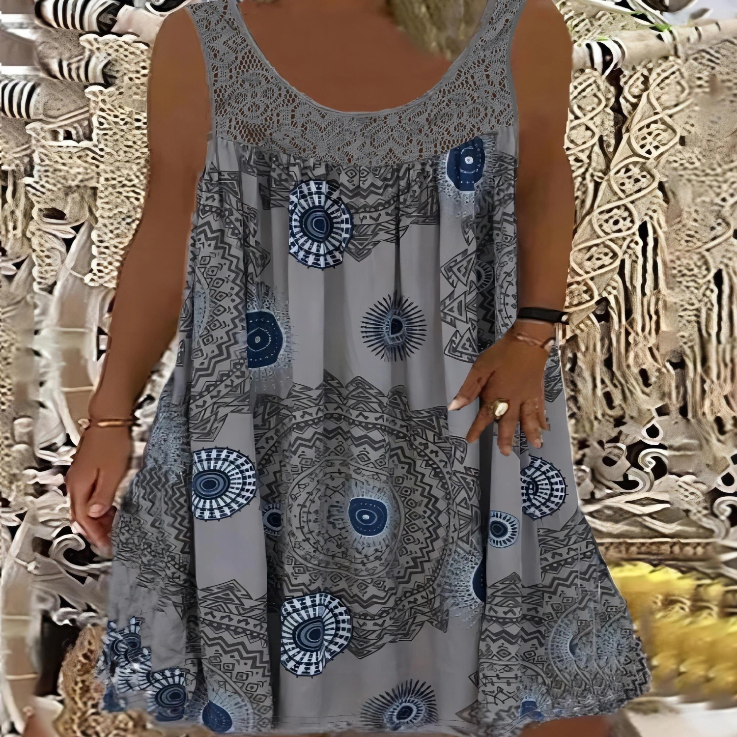 Plus Size Eyelet-Embroidered Tank Dress - Sleeveless Geometric Print Vacation-Ready with Contrast Lace All-Season Comfort