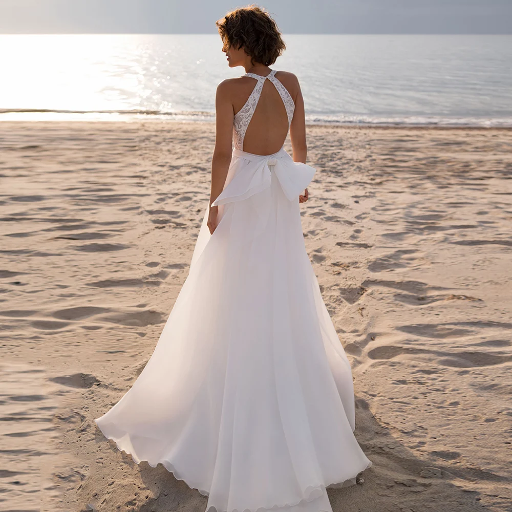 

Backless Wedding Dresses Sexy V-Neck Side Split Floor Length Wedding Gowns 2022 Ivory Tulle Lace Bow Bride Dress High Quality