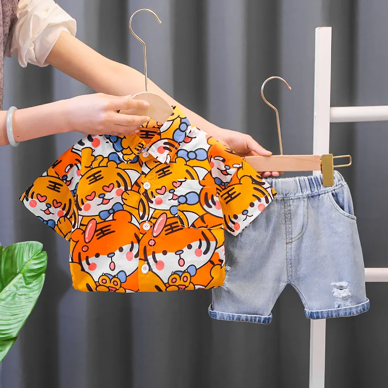 

Printed Tiger Summer Boutique Set Boys Lapel Cartoon T-shirt with Denim Shorts 2PCS Fashion Daily Wear Kids Cute Cotton Outfits