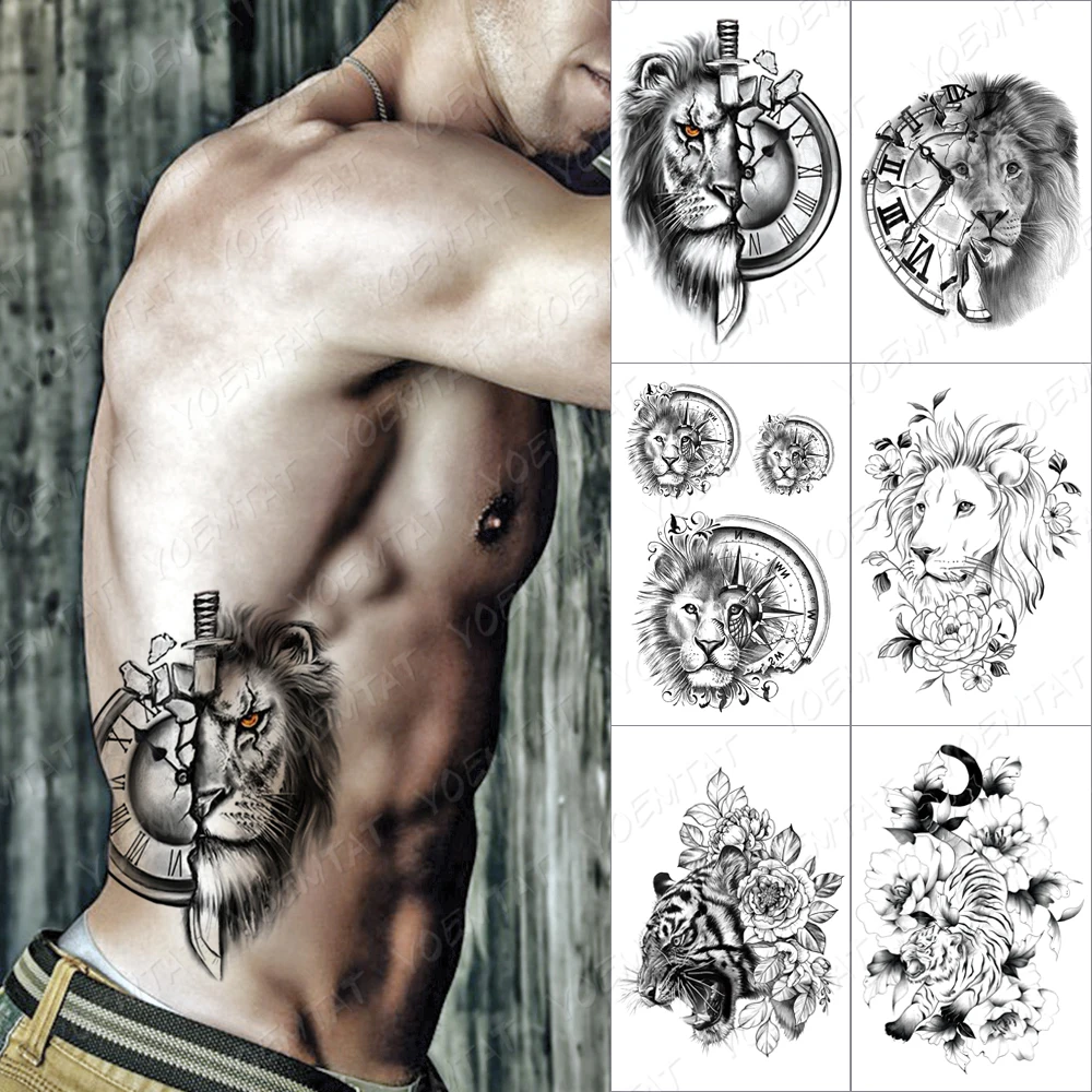 

Black Lion Waterproof Temporary Tatto Sticker Tiger Watch Peony Sexy Glitter Transfer Body Art Fake Tattoo Men Women Tattoos