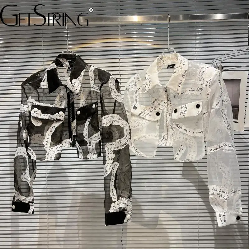 

GetSpring Женская куртка 2022 летнее прозрачное Сетчатое солнцезащитное короткое пальто с надписью Модный женский топ на молнии с длинным рукаво...