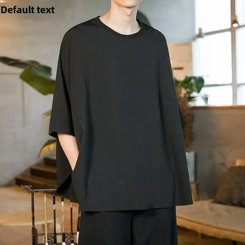 Mountain Born Yesi Dull Black Batwing Sleeved T-Shirt Niche Design SensibilityBottom Side Slitshort Sleeves Draped Ice Silk Body