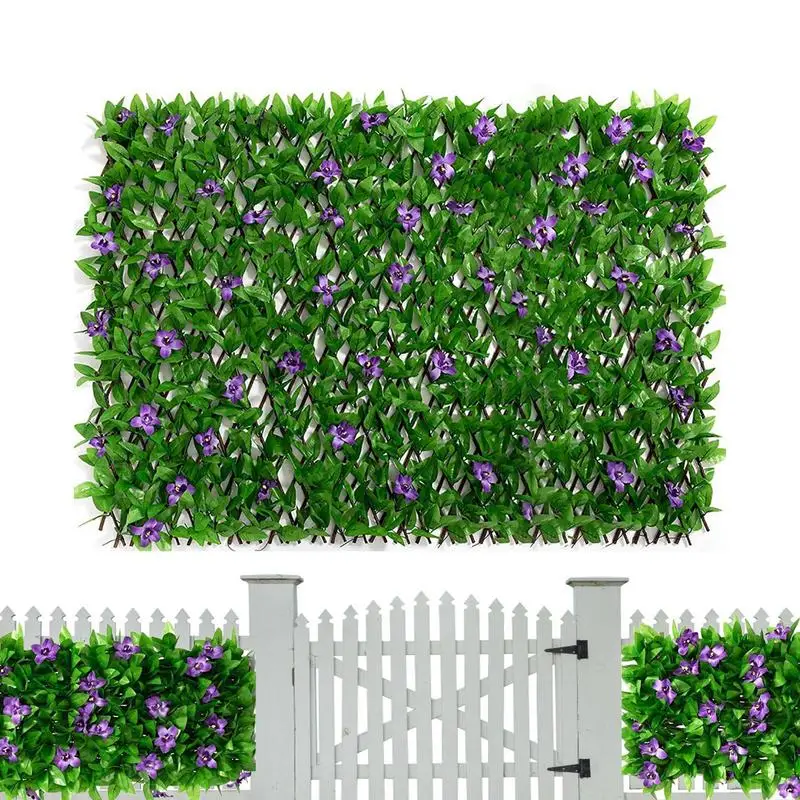 Artificial Garden Fence Faux Ivy Privacy Screen Leaf with Violet Flower Decoration Realistic Fencing Panel Expanding Patio Fence