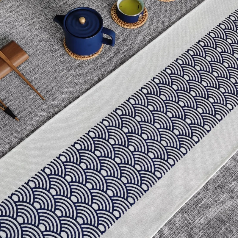 

Cotton linen Japanese style printed table runner retro blue waves pattern long table mat