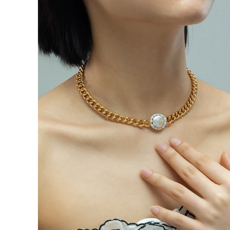 

Titanium With 18K Gold Beads Chain Real Pearl Choker Necklace Designer T Show Runway Gown Rare INS Japan Korean Boho Top