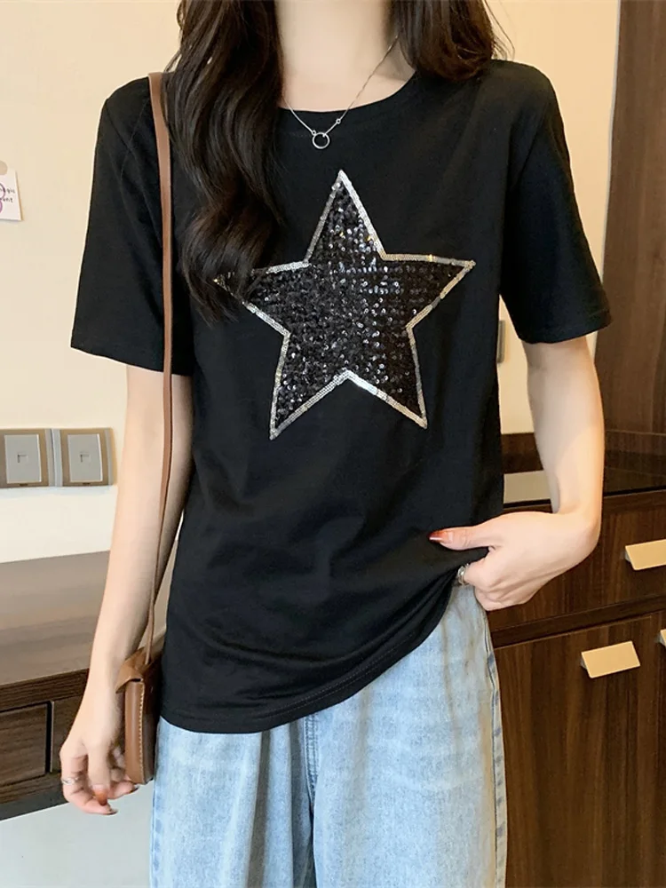

Футболка женская летняя с графическим принтом, 100% хлопок, пентагональный дизайн с блестками, Повседневная рубашка с коротким рукавом, серог...