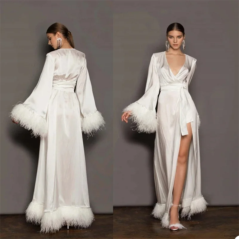 

Sexy White Bathrobe Women Feather Split V-Neck Long-sleeves Nightgown Pajamas Sleepwear Women's Luxury Gowns Housecoat Nightwear