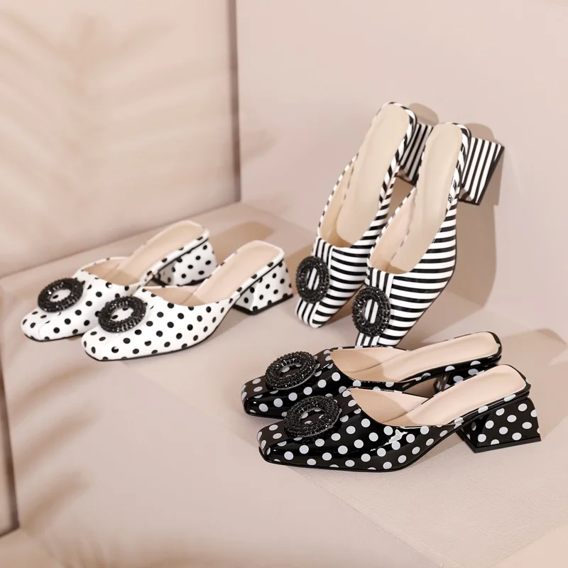 ZVQ Women Slippers New Patent Leather Square Toe Med Square Heel Summer Black And White Stripes Lady Mules New Casual Date Shoes