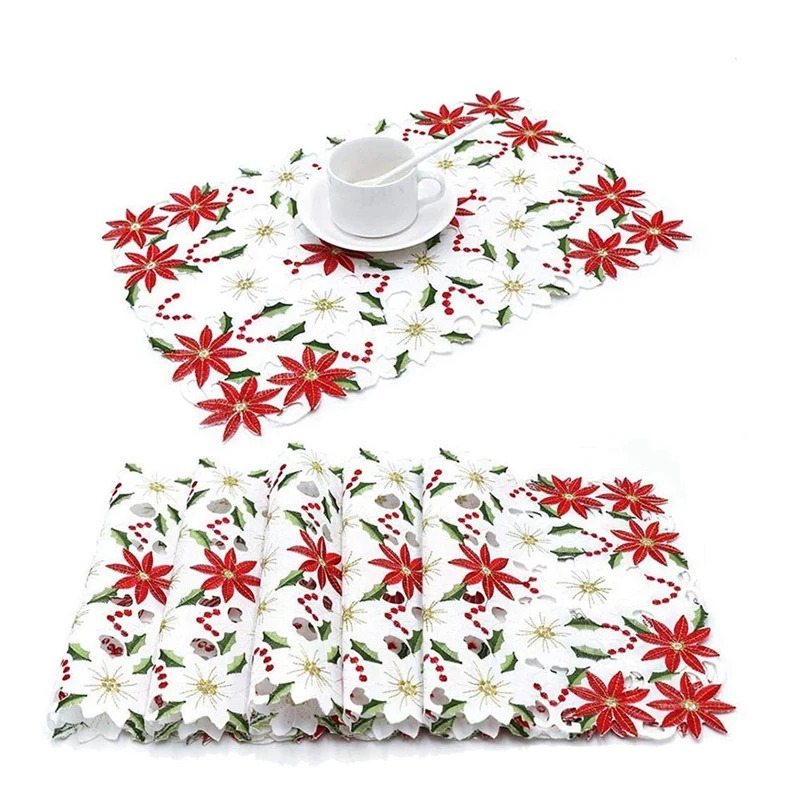 

Вышитые рождественские салфетки, красные салфетки с падубами для рождественских праздничных украшений, 11x17 дюймов, 6 шт.