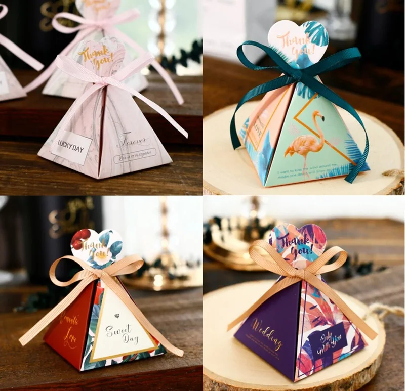 

100Pcs Elk / Flamingo / Marble / Flower Triangular Pyramid Wedding Favors Candy Boxes Giveaways Box Party Gift Box