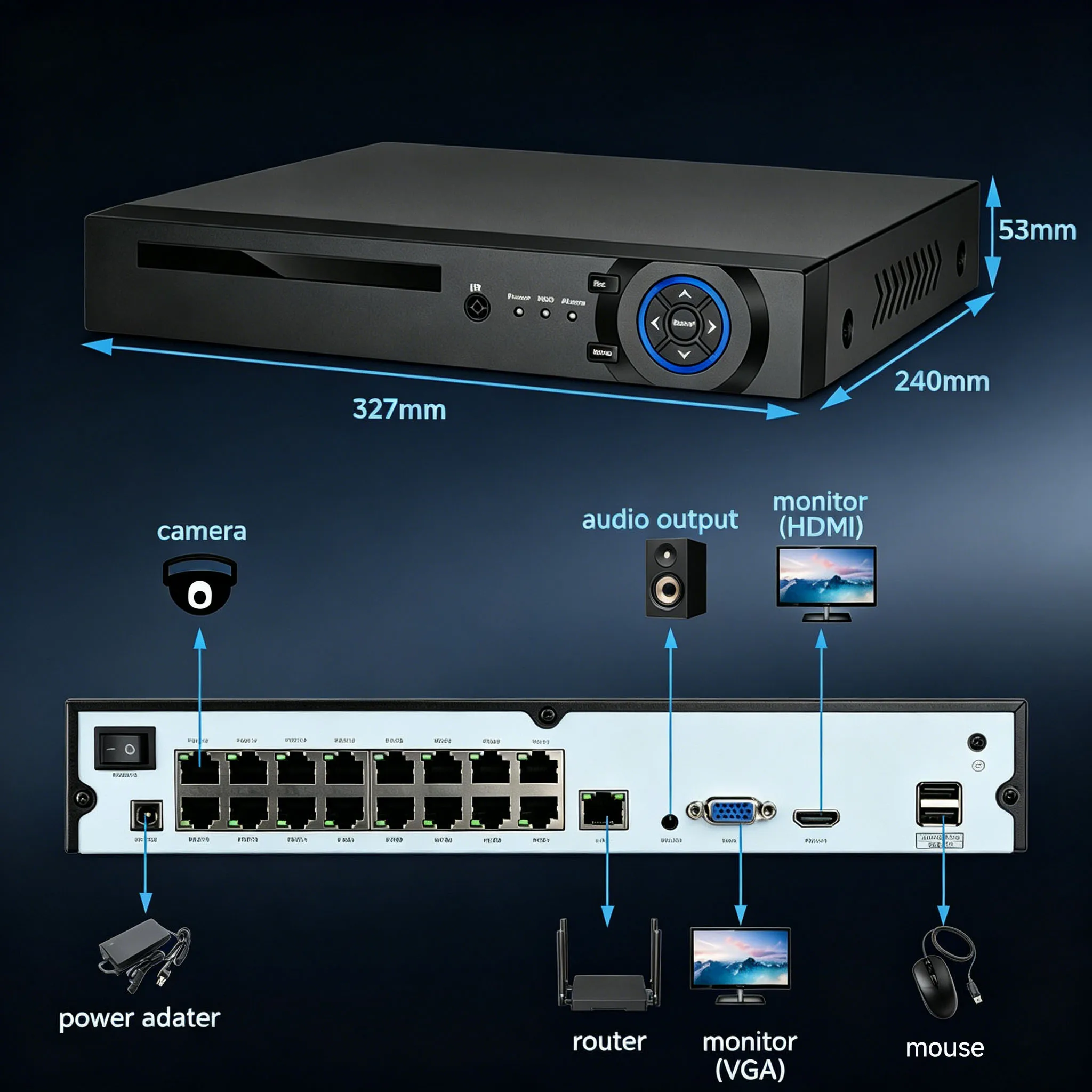 Видеорегистратор BFMore 4K 8MP 16-канальный POE NVR с интеллектуальной записью и ИИ, до 8 ТБ HDD, для POE-камер (art.: 3920db31dcd92) - 3920db31dcd92