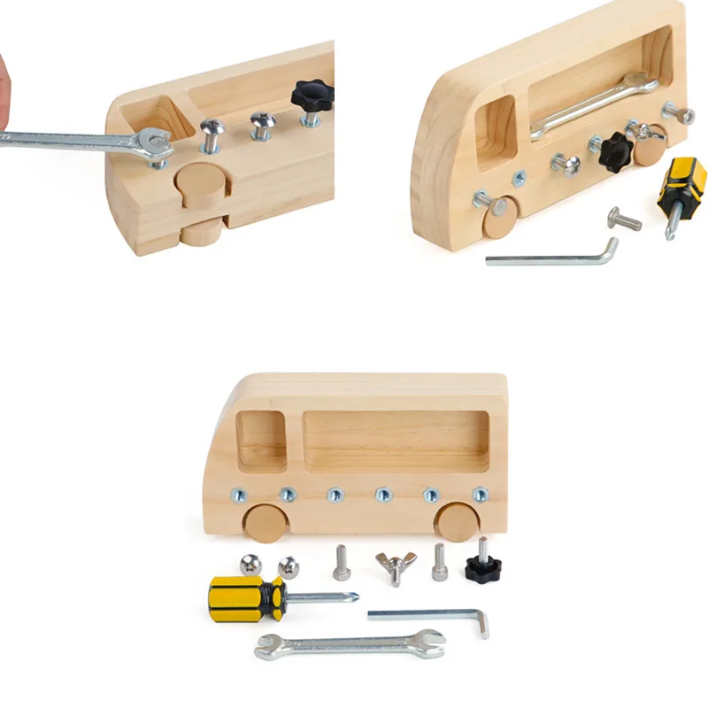 

Деревянный занятый автобус, детские развивающие игрушки Монтессори, Детские самодельные Скручивающиеся шурупы, гайки, инструменты, игрушк...