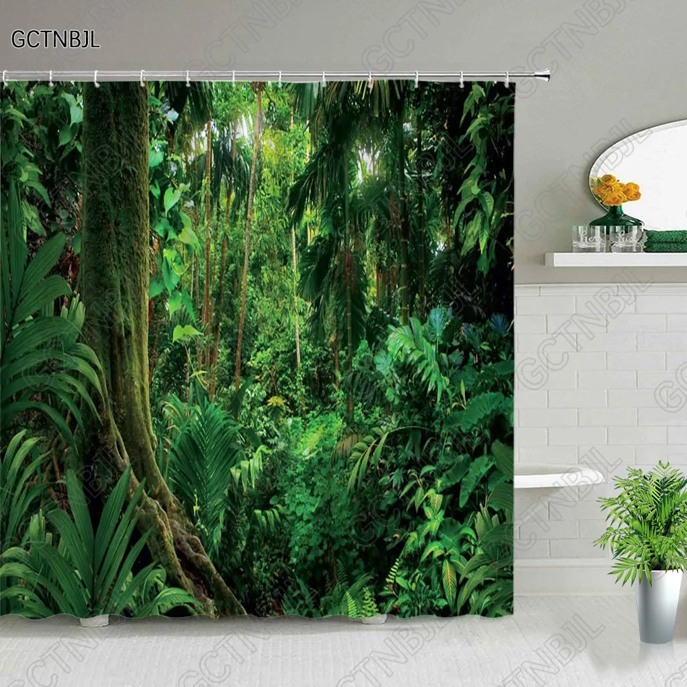 

3D Tropical Jungle Scenery Shower Curtain Summer Green Palm Grove Nature Landscape Bath Curtain Set Bathroom Decor Hanging Cloth