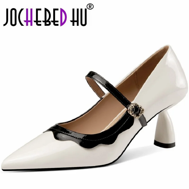 【JOCHEBED HU】Brand Genuine Leather New Style Small Pointed Toe Color Matching Shallow Mouth Mary Janes Shoe Strap Mid-Heel 33-43
