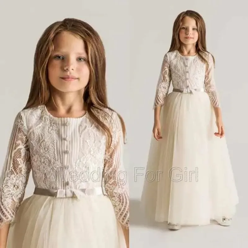 

Latest Crew Lace Tulle Flower Girls' Dresses For Weddings Long Sleeves Appliques Ruched 2022 New First Communion Gowns Cheap Top