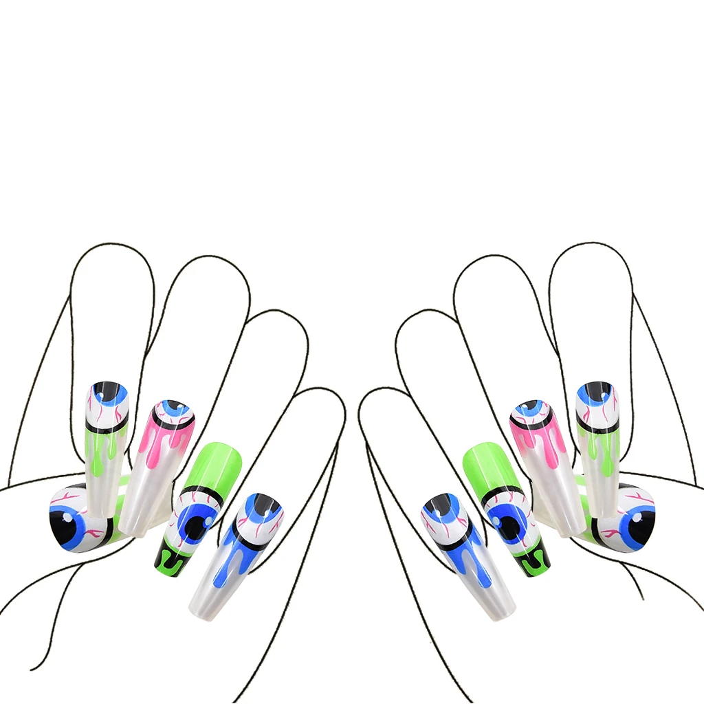 

24 искусственные ногти с длинным гребнем на Хэллоуин с дизайном призрачный узор искусственная форма накладные ногти с желеобразным клеем на...