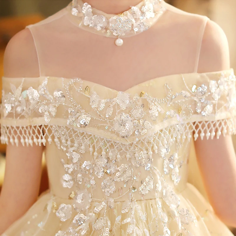 Детское длинное платье цвета шампанского для празднования торжества роскошные