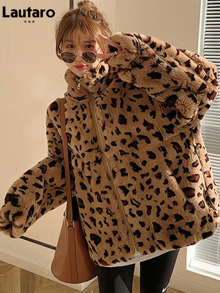 Lautaro Зимнее женское пальто из искусственного меха с леопардовым принтом