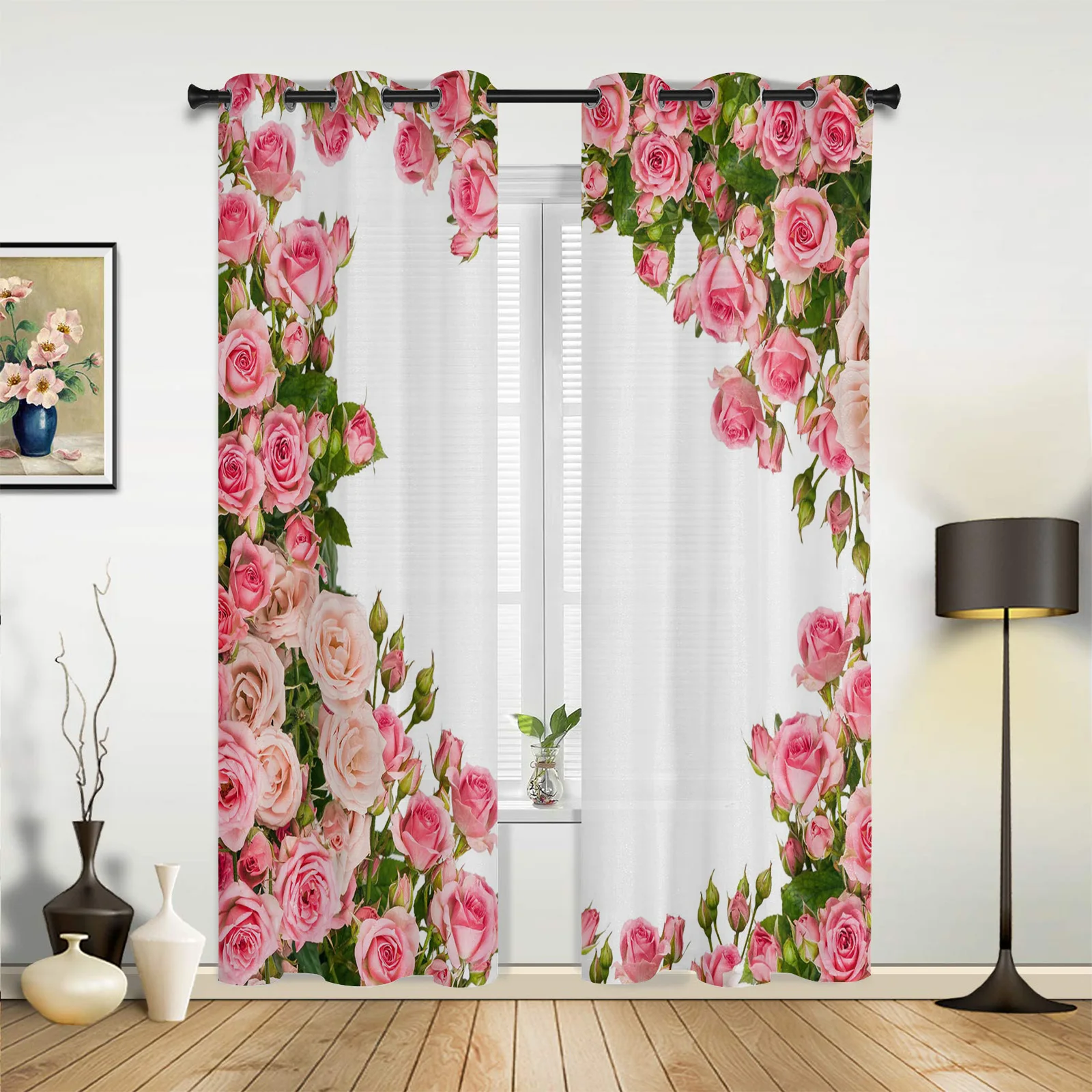 

Pink Rose Flower Bouquet White Curtains for Bedroom Living Room Drapes Kitchen Children's Room Window Curtain Modern Home Decor