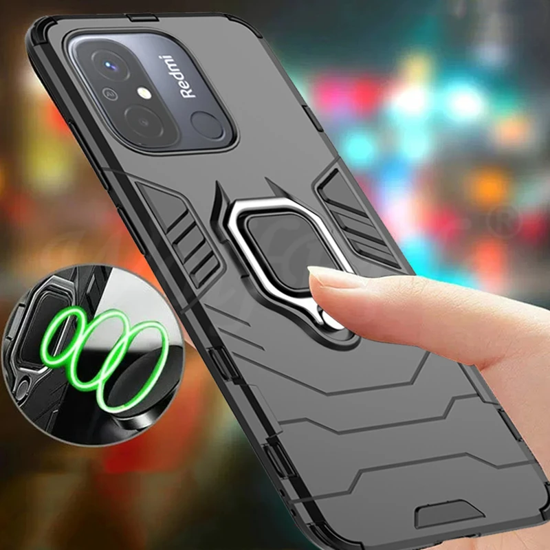 

For Redmi 12C Case Cover Xiaomi Redmi 12C Capas nEW Bumper Shockproof Back Ring Magnetic Metal Holder Cover For Redmi 12C Fundas