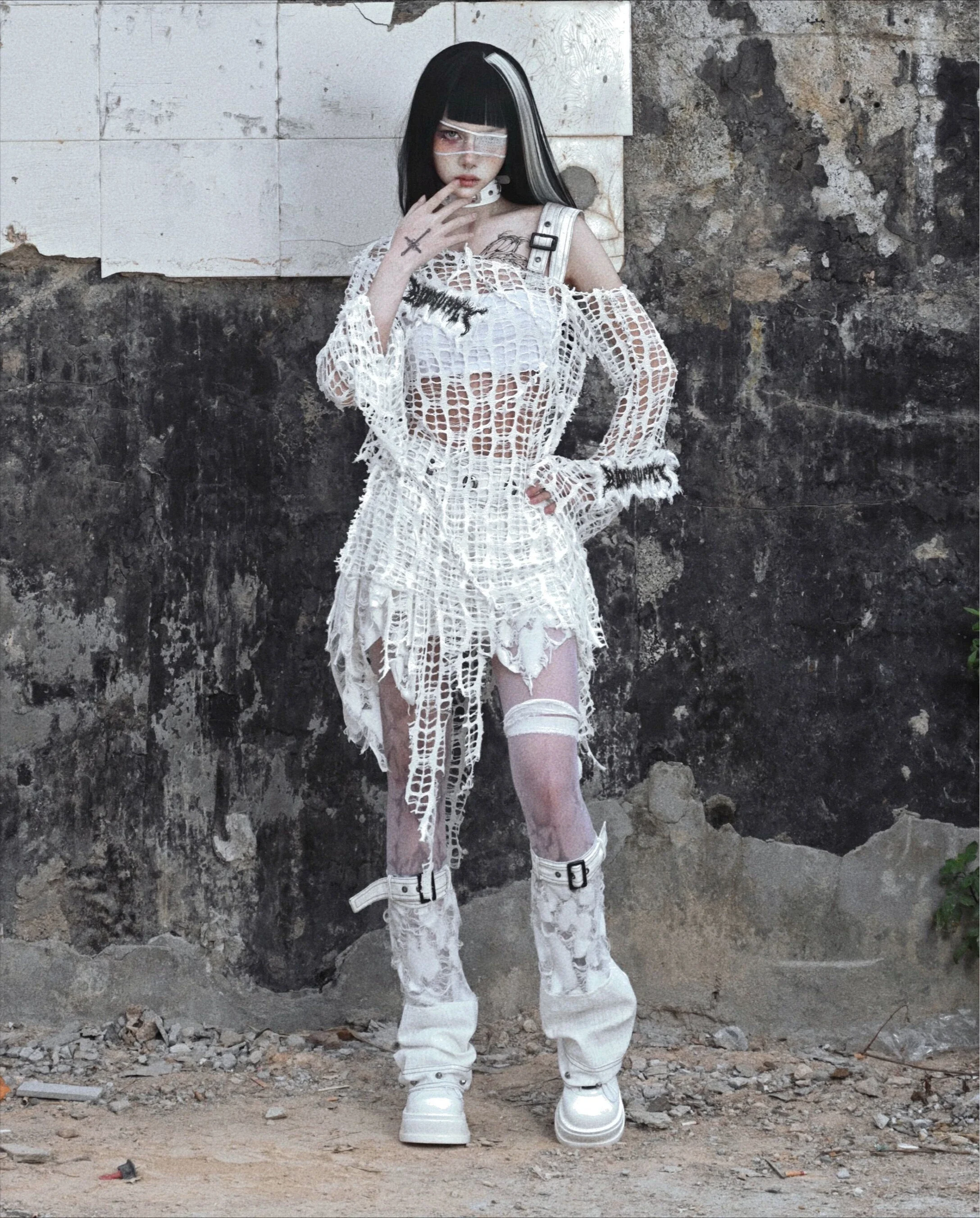 Оригинальный эстетичный вязаный рваный пуловер в стиле панк из субкультуры