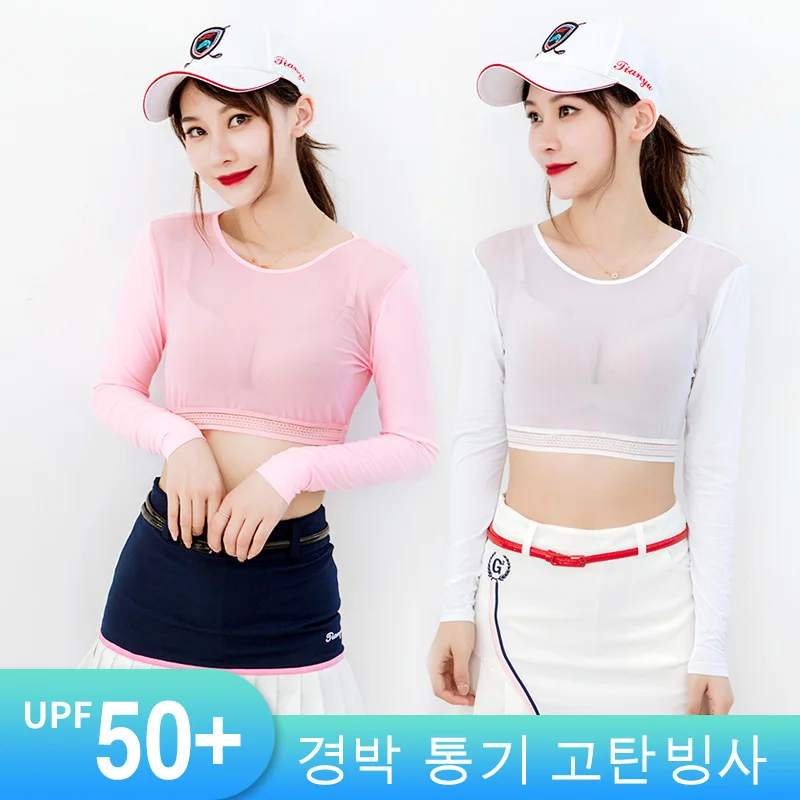 TTYGJ Women Thin Golf Shirt Sunscreen Inside Clothes Cropped Tops with Anti-Uv Long Sleeve Ice Silk Bottoming Golf Wear Shirt