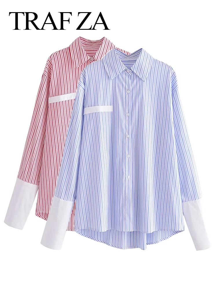 

TRAF ZA Chic Sleeve Design Formal Daily Versatile Straight Women's Blouse Two Tone Pinstripe Print Office Commuter Lady Shirt
