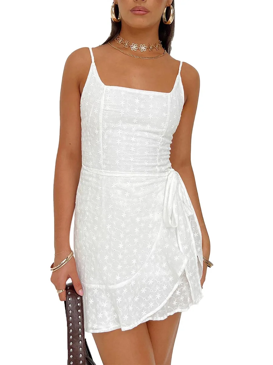 Women's Summer Sexy Spaghetti Strap Dress White Sleeveless Ruched Drawstring Floral Beach Dress Backless A-Line Mini Dress