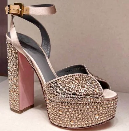 Glitter Rhinestone Upper Peep Toe Platform High Block Heels Sandals Slingback Rivets Party Dress High Heels Designer Shoes