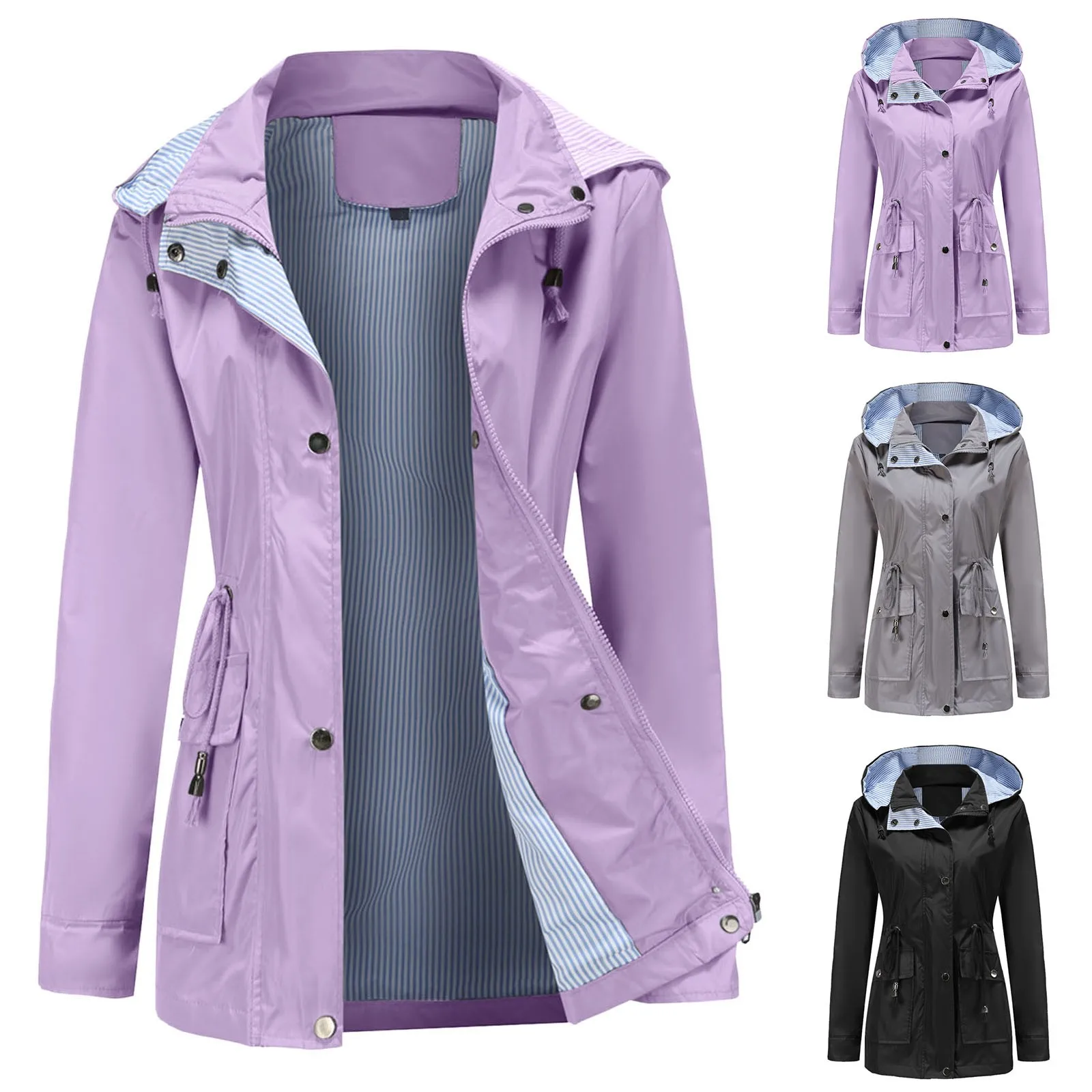 

Women's Thickened Overcoat Windproof Warm Plus Size Solid Color Striped Drawstring Hoodie Coat Jacket jaqueta куртка chaquetas